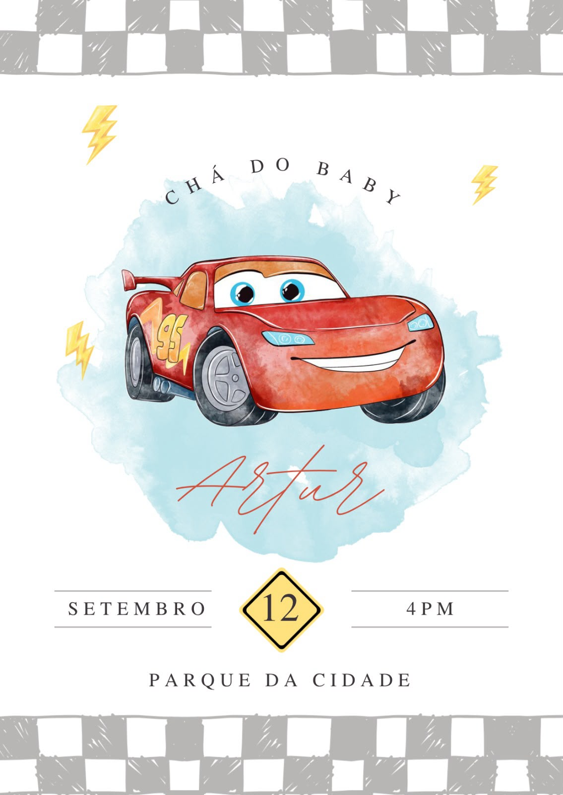 Convite do chá de bebé do Artur com carro de corrida vermelho